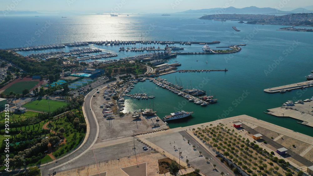 Aerial photo of famous seaside tourist area of Faliro or Phaliro in Athens riviera near Stavros Niarhos Cultural centre, Attica, Greece