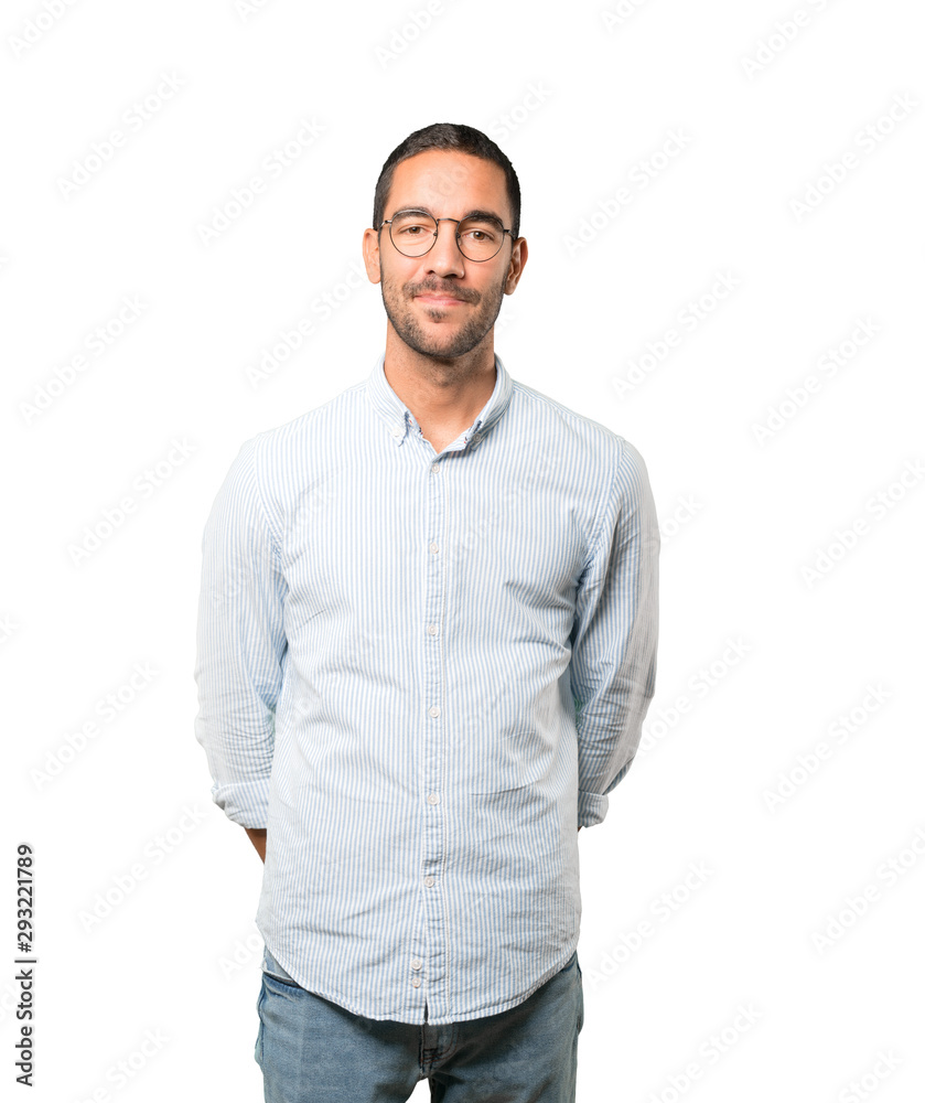 Happy young man looking up gesture Happy young man looking up gesture