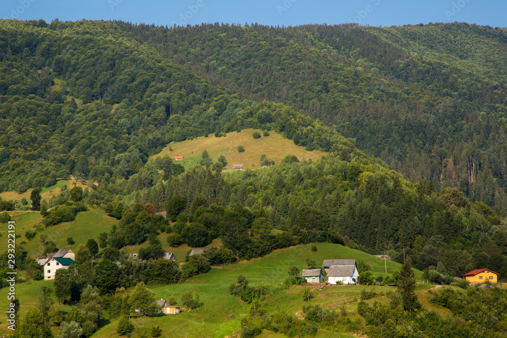 Panoramic view of Carpathian mountains. Houses in mountains surrounded by trees. Green tourism.