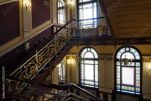 Bydgoszcz  Poland - September 2019  Interior of the lobby of an ancient hotel. Stairs in the hotel lobby.