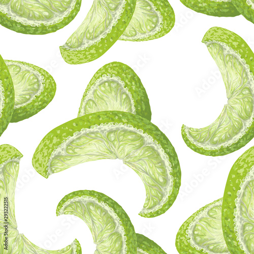 Vector art, seamless pattern with hand-drawn harvest juicy, delicious rich wet yellow lime pieces, with highlights, beautiful peel of a lime. Realistic, like paint. Ripe, juicy, tasty citrus