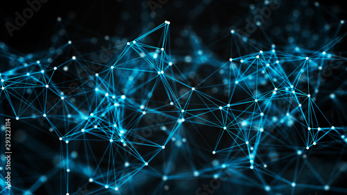 Abstract composition with connecting dots and lines. Blue background. Plexus effect.