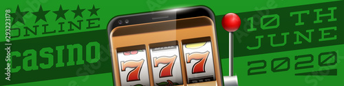 Illustration banner of mobile online casino application with 777 big win slot machine. Realistic advertising poster with online mobile app casino and Jackpot 777. Play now in One Armed Bandit banner