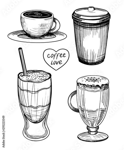 Favorite drink. Line art coffee collection. Hand drawn vector illustration in sketch style. Different cups and glasses with a drink. Graphic vintage elements for design.