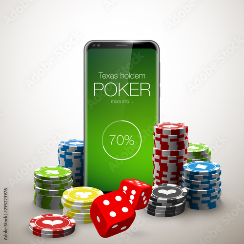 illustration Online Poker casino banner with a mobile phone, chips, playing cards and dice. Marketing Luxury Banner Jackpot Online Casino with New model Smartphone. Empty advertising poster.