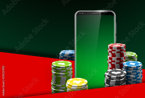 illustration Online Poker casino banner with a mobile phone, chips and dice. Marketing Luxury Banner Jackpot Online Casino with New model Smartphone. Empty advertising poster flat paper cloud for text