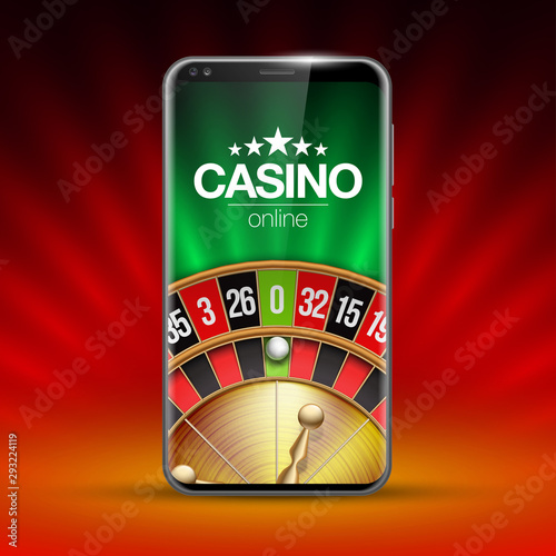 illustration Online Poker casino banner with mobile phone and roulette. Marketing Luxury Banner Jackpot Online Casino with New model Smartphone and roulette Advertising poster with red background