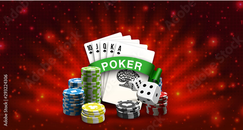 Big win illustration banner on red background. Online Jackpot casino poker game. Chips, playing card, dice. Marketing Luxury Banner Jackpot Online Casino game poker play now poster