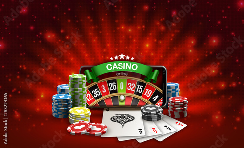 Big win illustration banner on red. Online Jackpot casino roulette in mobile phone. Chips, playing card, dice. Marketing Luxury Banner Jackpot Online Casino game roulette in Smartphone play now poster