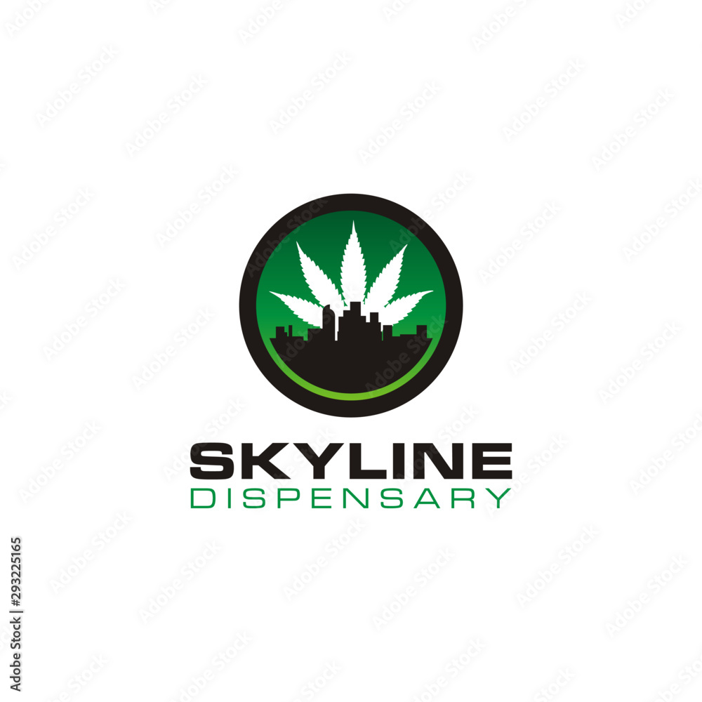 Denver skyline city building with cannabis marijuana weed leaf logo design Denver skyline city building with cannabis marijuana weed leaf logo design