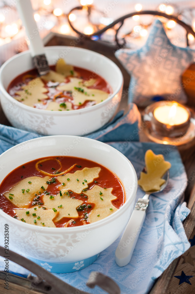 Hearty Tomato Pasta Soup. Winter Decoration. Hearty Tomato Pasta Soup. Winter Decoration.