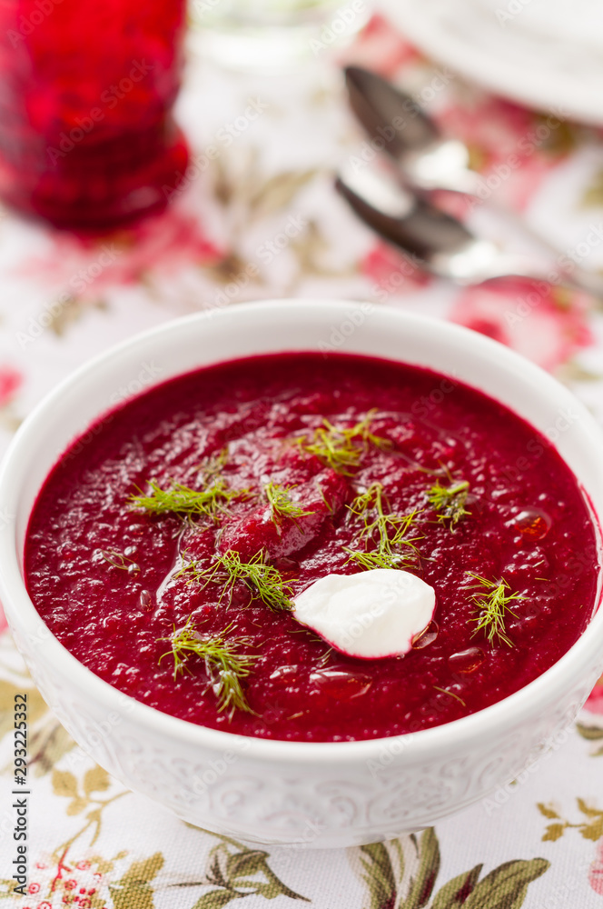 Cream of beetroot soup with cream and fresh herbs Cream of beetroot soup with cream and fresh herbs