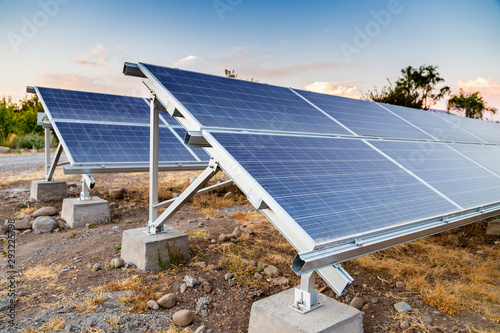 Solar panels in the desert. Alternative energy source. photovoltaic. Electricity. Ecological electricity generator. photo