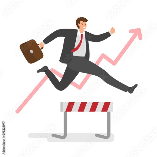 Businessman jumping over hurdles in race for the success. Concept of business challenge, successful overcoming. Vector illustration.