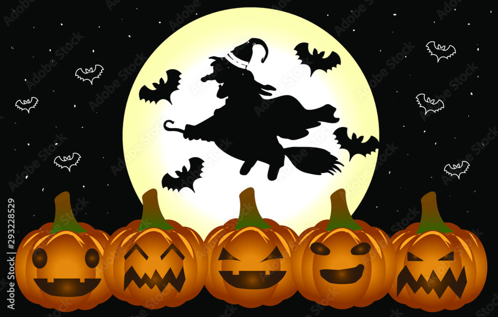 Halloween pumpkins , bats and a witch under the moonlight vector