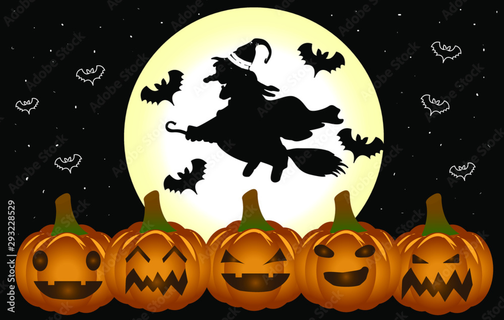 Halloween pumpkins , bats and a witch under the moonlight vector Halloween pumpkins , bats and a witch under the moonlight vector
