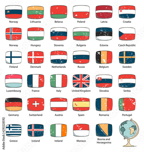 Set European flags. Cartoon icon. Hand drawn collection flags. Grunge style vector. Europe flag countrys