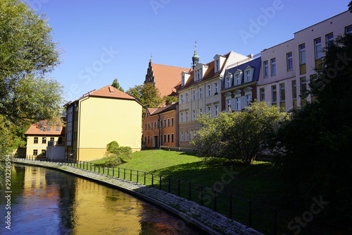 Bydgoszcz, Poland - September 2019: View of the city water canal of the Brda River in the city center. City architecture.