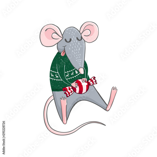 Colorful illustration of rat wear Christmas sweater. New year and Christmas character. Can be used for as elemets for your design for greeting cards, calendars, prints