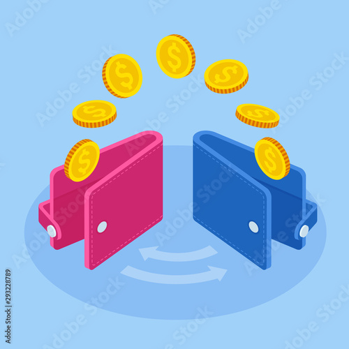 Isometric money transfer online. Money wallet and financial savings transfer or pay transaction concept.