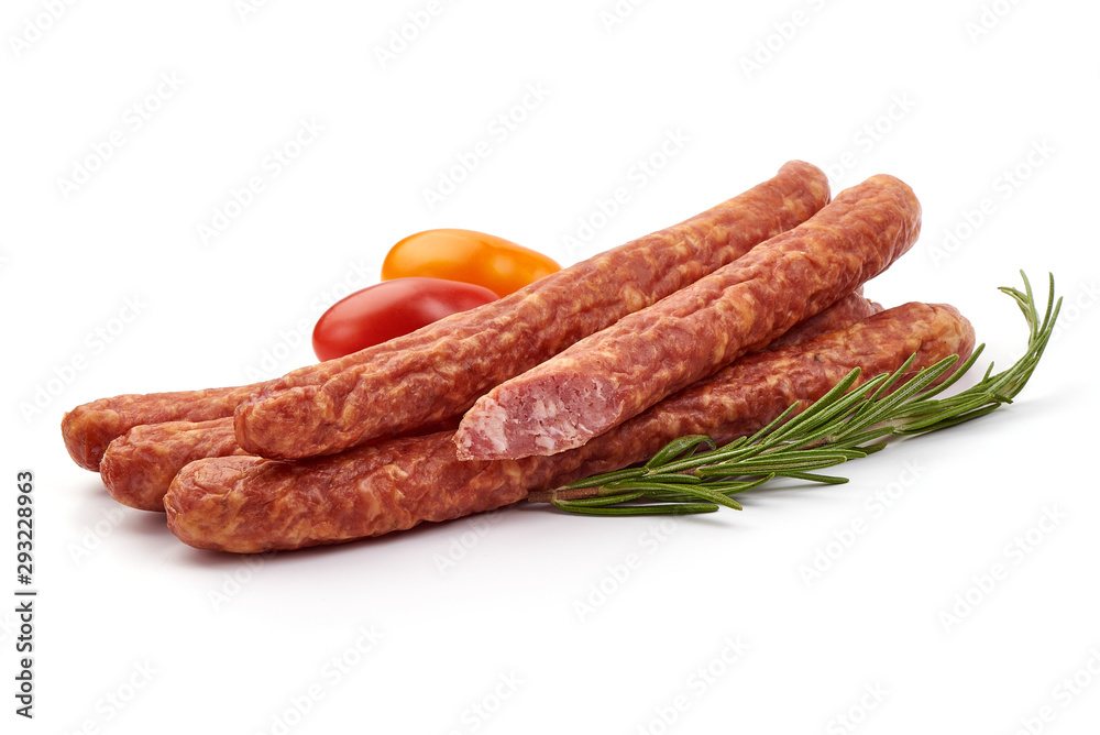 Dried pork sausages, isolated on white background Dried pork sausages, isolated on white background