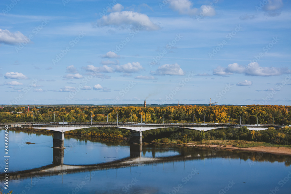 View of the bridge over the Vyatka river in Kirov, Russia. Autumn Sunny day.