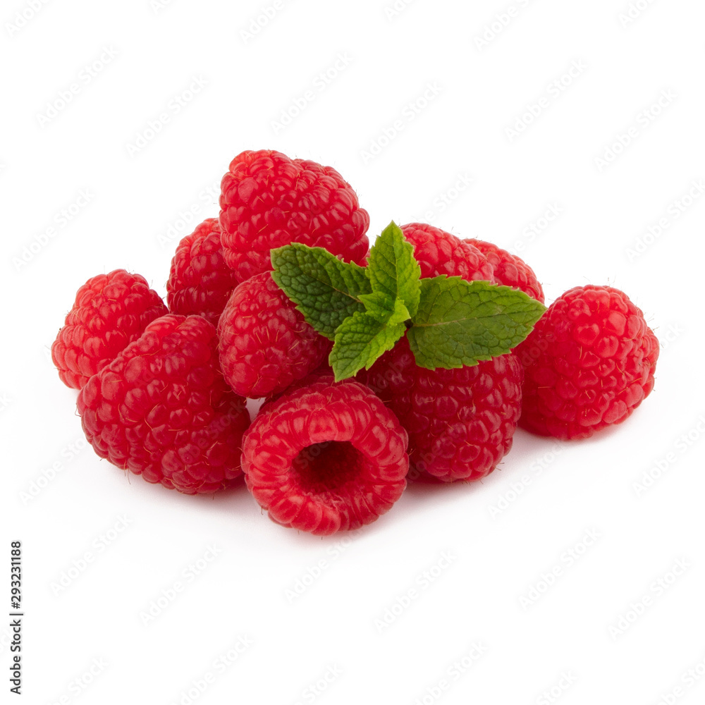 Isolated berries. Composition of red raspberries. Isolated on white background with green leaves Isolated berries. Composition of red raspberries. Isolated on white background with green leaves