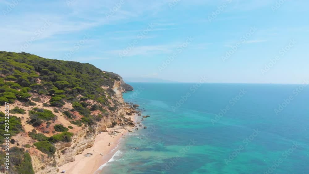 Aerial view of beautiful and desert beach with nobody, pine forest surroundings and clear and cristaline blue waters Aerial view of beautiful and desert beach with nobody, pine forest surroundings and clear and cristaline blue waters