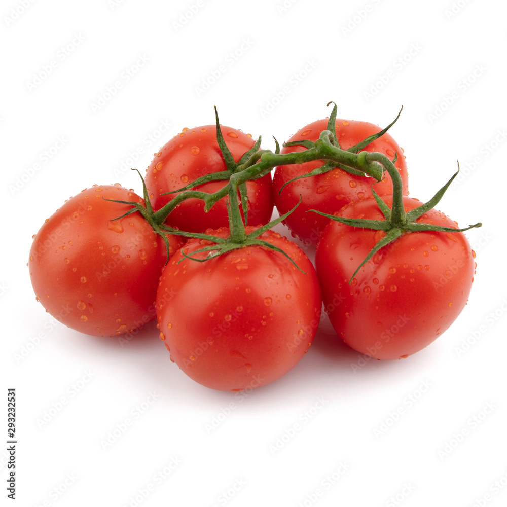 Red tomatoes whole on a green branch. Isolated on a white background. Red tomatoes whole on a green branch. Isolated on a white background.