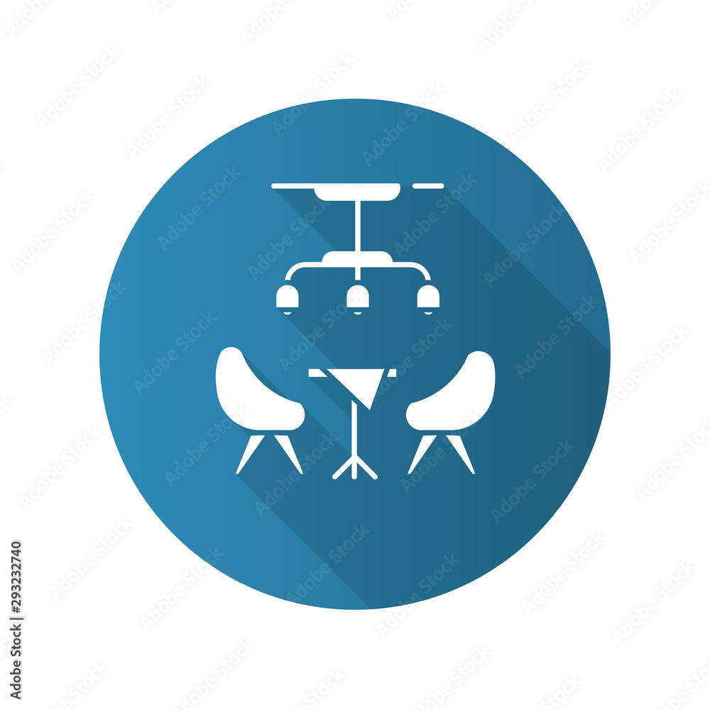 Residents lounge blue flat design long shadow glyph icon. Dining room, kitchen furnishing. Cafe, restaurant hall modern furniture. Comfortable table with chairs. Vector silhouette illustration Residents lounge blue flat design long shadow glyph icon. Dining room, kitchen furnishing. Cafe, restaurant hall modern furniture. Comfortable table with chairs. Vector silhouette illustration
