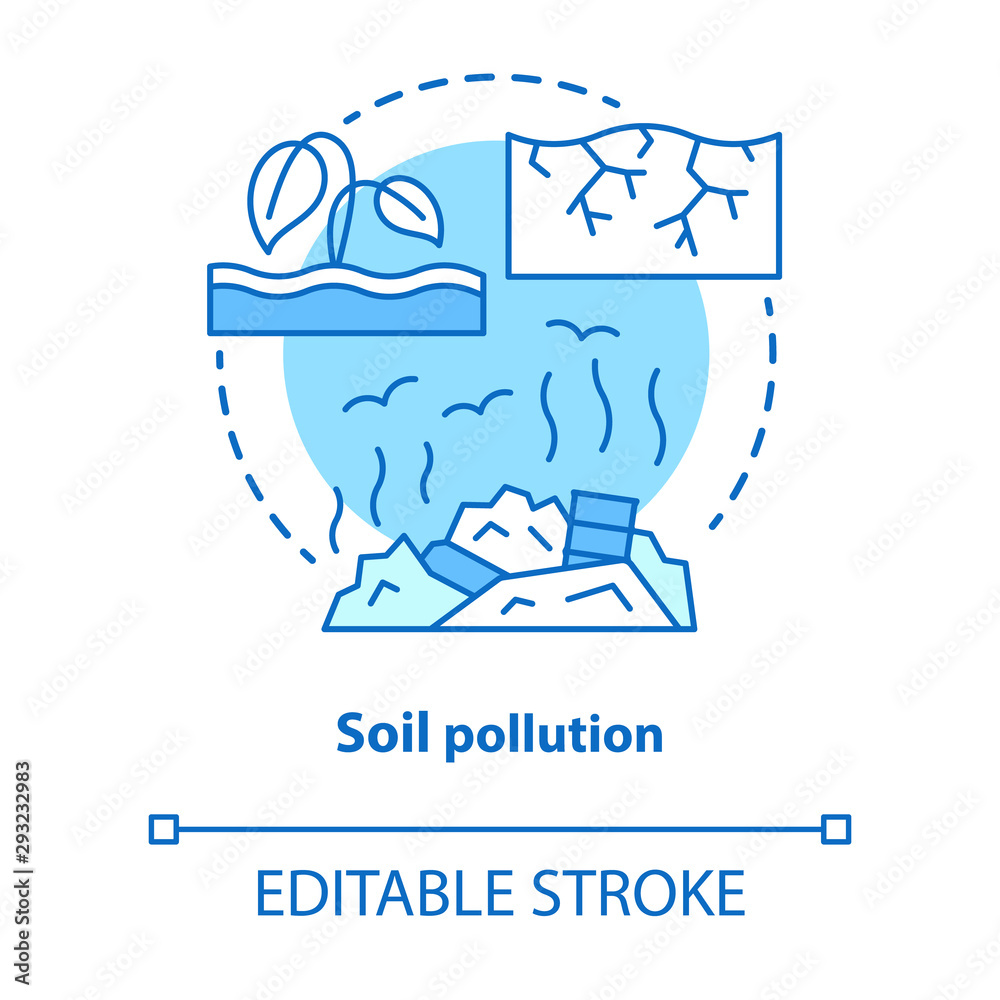 Soil pollution concept icon. Land waste contamination idea thin line illustration. Inefficient use of natural resources. Landfills and garbage problem. Vector isolated outline drawing. Editable stroke Soil pollution concept icon. Land waste contamination idea thin line illustration. Inefficient use of natural resources. Landfills and garbage problem. Vector isolated outline drawing. Editable stroke