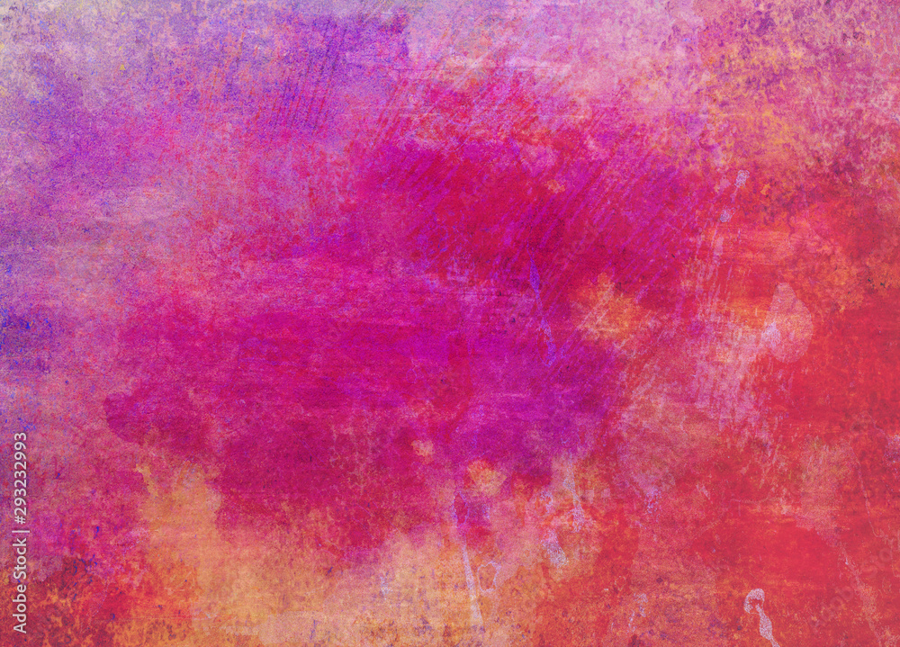 Grunge texture paint splash background in bright purple pink and orange yellow colors, abstract grungy distressed spatter and scratched brush stroke marks in old vintage background