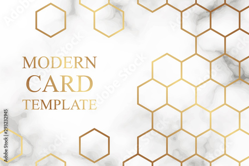 Modern geometric luxury card template for business or presentation or greeting with golden honeycombs on a white marble or clouds background.