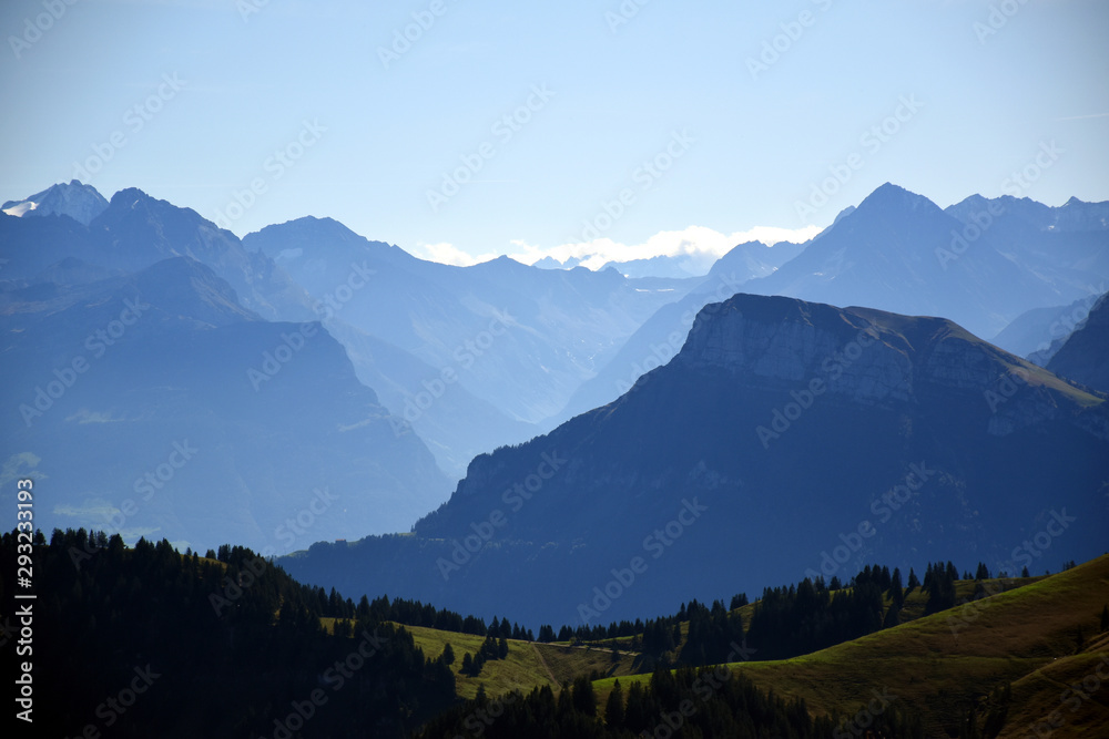 Panoramic landscape view from Rigi Kulm, Mount Rigi in Switzerland Panoramic landscape view from Rigi Kulm, Mount Rigi in Switzerland