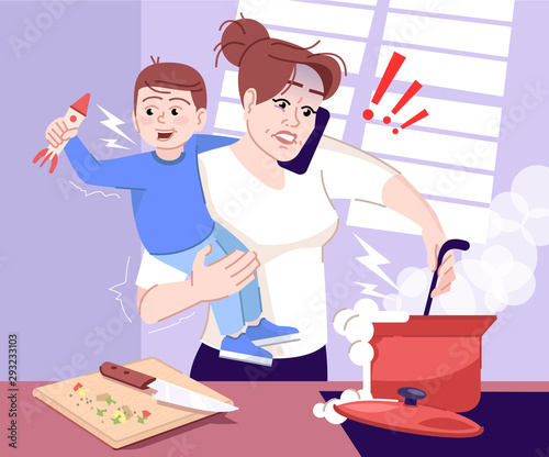 Stressed mother at home flat vector illustration. Mom cooking food, talking on phone and holding son on hands cartoon characters. Multitasking woman. Morning routine anxiety. Maternity leave