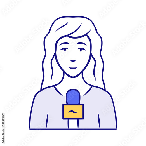 Reporter woman blue color icon. TV presenter, interviewer with microphone. TV hostess. Female journalist taking interview. Newswoman reporting breaking news. Isolated vector illustration