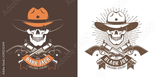 Cowboy skull with crossed guns - wild west retro logo. Bandit cowboy skull retro emblem with pistols and ribbon. Vector illustration.