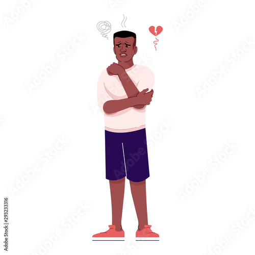 Annoyed man flat vector illustration. Sad, depressed guy. Emotional shock and broken love. Irritated husband with crossed arms isolated cartoon character with outline elements on white background