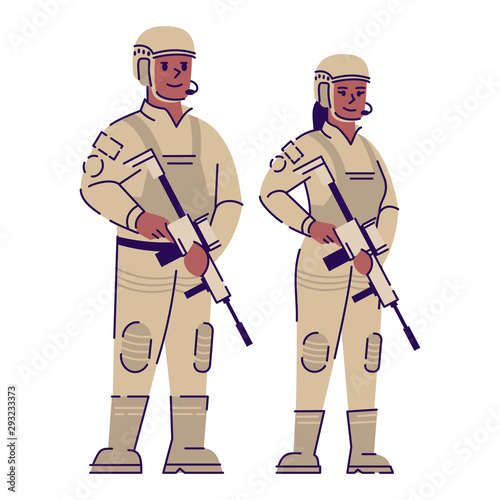 Soldiers flat vector character. Military man and woman with weapon and uniform cartoon illustration with outline. African american army soldiers couple Professional snipers, officers isolated on white