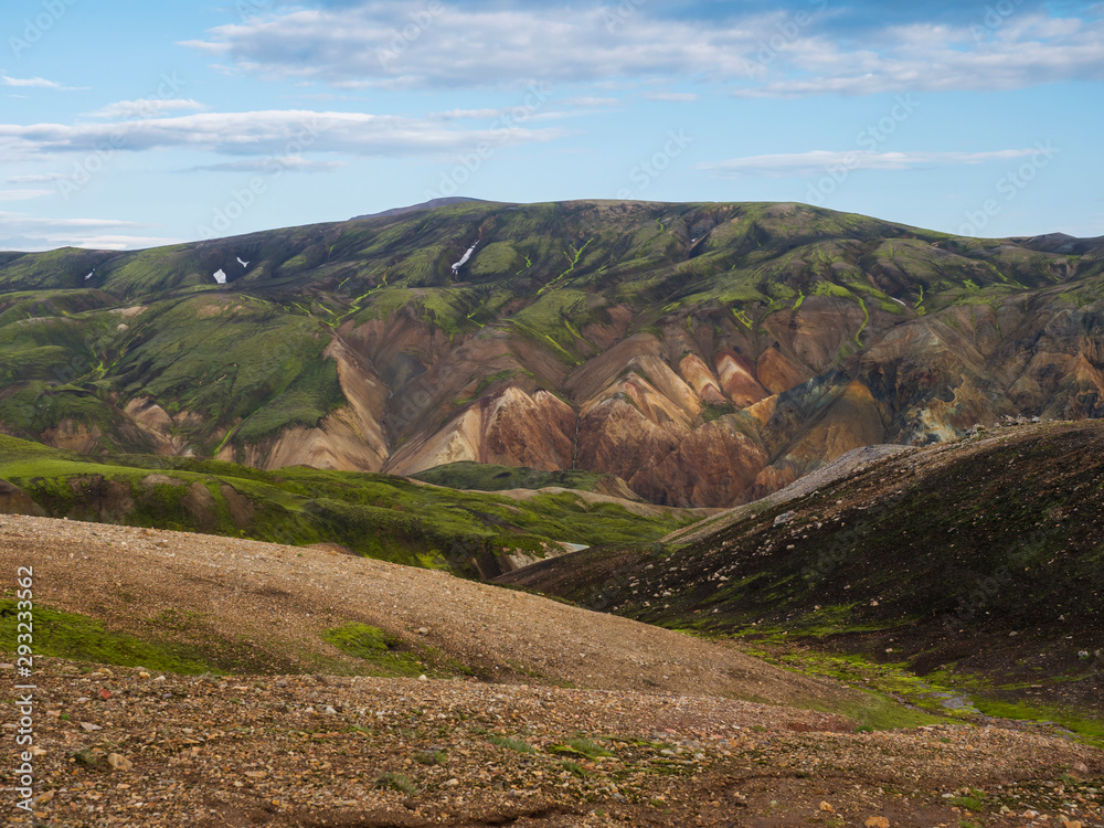 Colorful Rhyolit mountain panorma with multicolored volcanos in Landmannalaugar area of Fjallabak Nature Reserve in Highlands region of Iceland