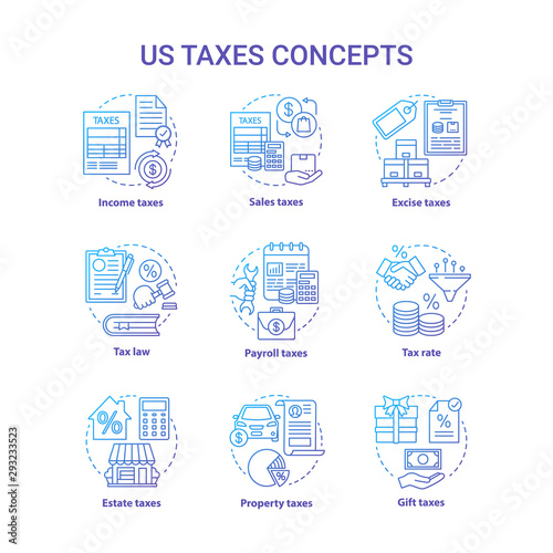 US taxes blue concept icons set. Percentage rate of taxation idea thin line illustrations. Income, sales, law, property, payroll, gift tax. Financial charge. Vector isolated outline drawings