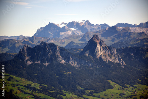 Panoramic landscape view from Rigi Kulm, Mount Rigi in Switzerland