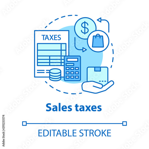 Sales taxes blue concept icon. Paying income percentage to government for selling goods idea thin line illustration. Value-added taxation. Vector isolated outline drawing. Editable stroke