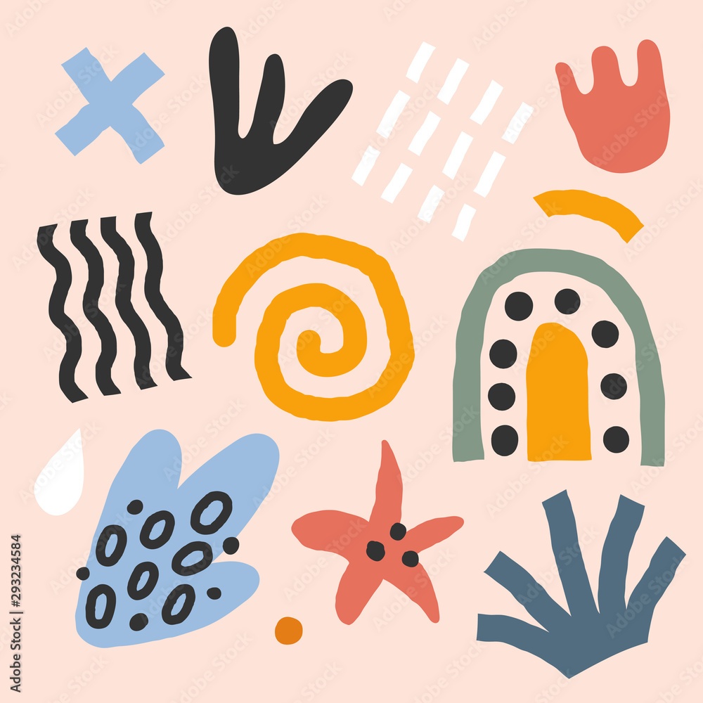 Fototapeta premium Collection of flat hand drawn contemporary abstract vector illustrations. colored abstraction doodles and shapes. Trendy paper cut style. Simple rainbow, foliage and flower drawings.