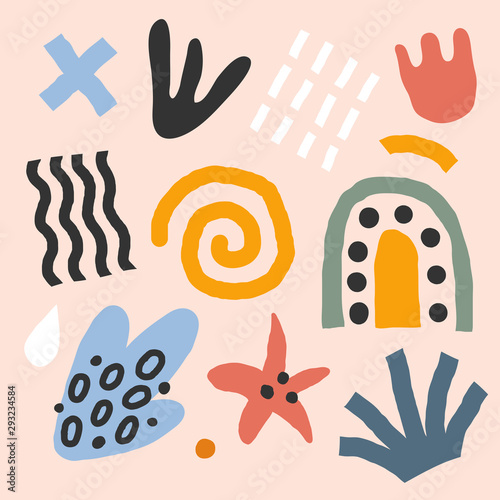 Collection of flat hand drawn contemporary abstract vector illustrations. colored abstraction doodles and shapes. Trendy paper cut style. Simple rainbow, foliage and flower drawings. © Favebrush