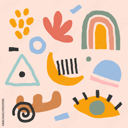Set of flat hand drawn contemporary abstract elements. colored abstraction doodles and shapes. Trendy paper cut style. Moon, foliage and flower.
