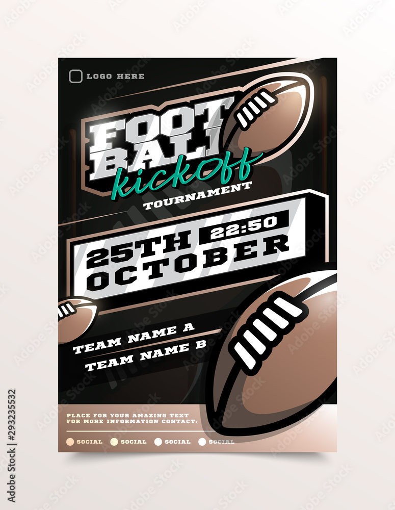 Fototapeta Rugby or American Football Sport Flyer Vector. Vertical Card Poster Design For Sport Bar Promotion. Tournament Flyer. Invitation Illustration