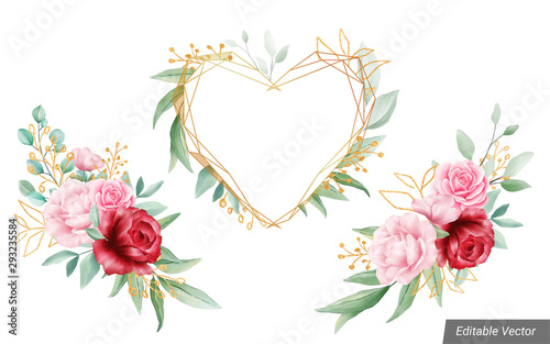 Watercolor floral decoration with geometric golden heart shaped frame. Romantic flowers decorative set for wedding invitations and card composition. Vector roses, leaves, branches elements