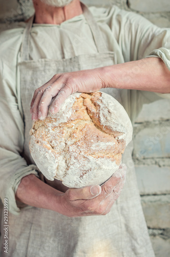 The Baker's hands holds wheat bread to the oven. Process the dough for wheat bread.