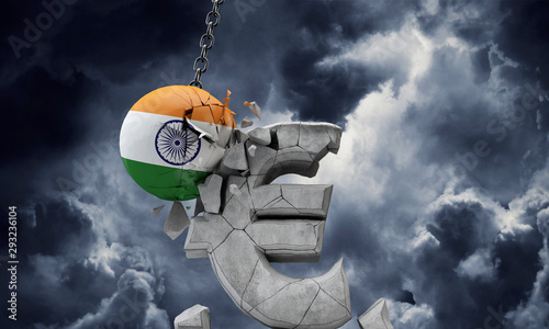 India flag ball smashing a European Euro currency symbol. 3D Render